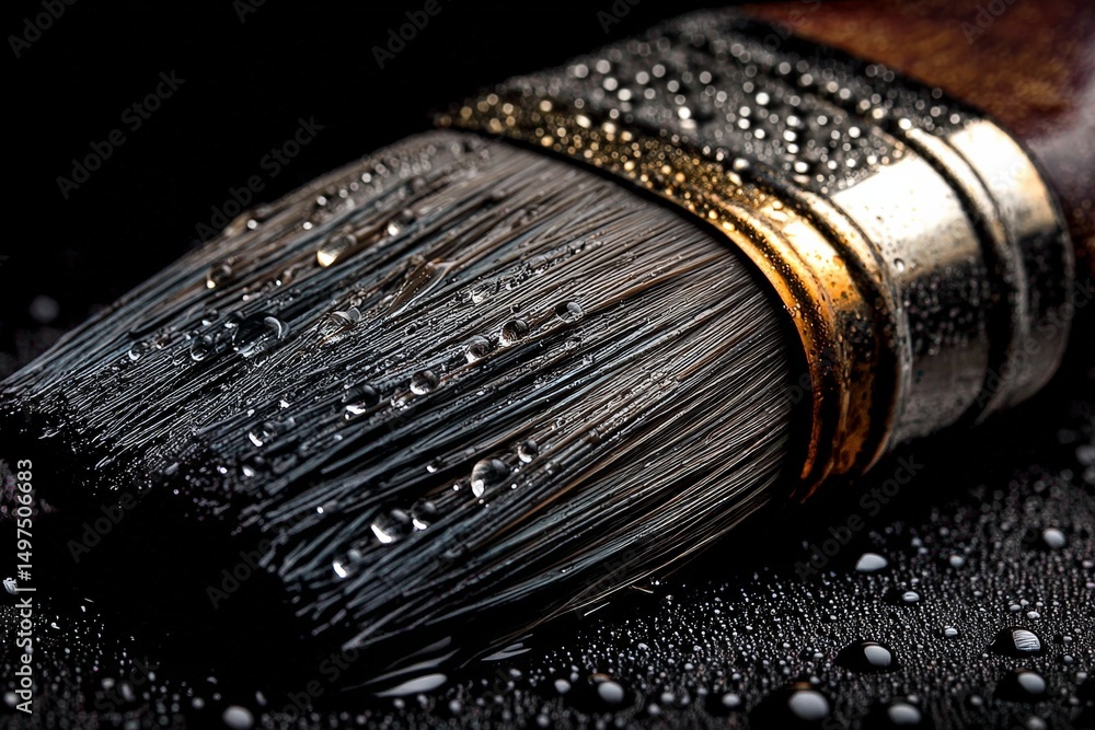 Poster Close-up of a wet paintbrush displaying intricate details and water droplets that emphasize its texture and quality