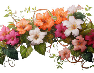 Mixed Color Floral Creeper PNG Pink, Orange, White Flowers with Green Leaves Clipart