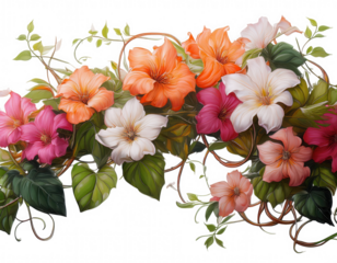 Mixed Color Floral Creeper PNG Pink, Orange, White Flowers with Green Leaves Clipart