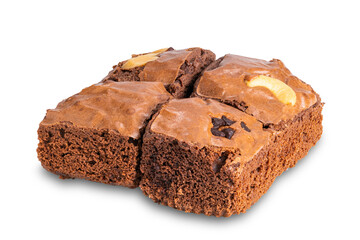 Delicious homemade chocolate brownies cake isolated on white background with clipping path.