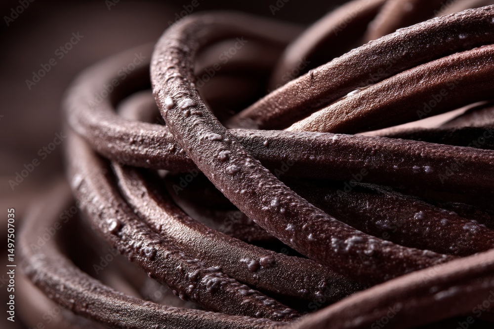 Poster twisted strands of dark chocolate candy resting on a textured surface in soft lighting