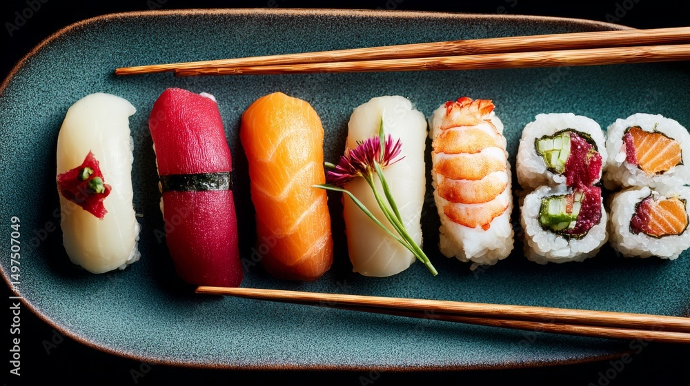 Poster plate of sushi with a variety of different types of sushi on it. the plate is blue and the sushi is 