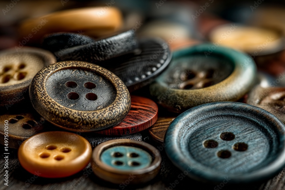 Poster Collection of colorful buttons arranged chaotically on a wooden surface capturing diverse textures and designs