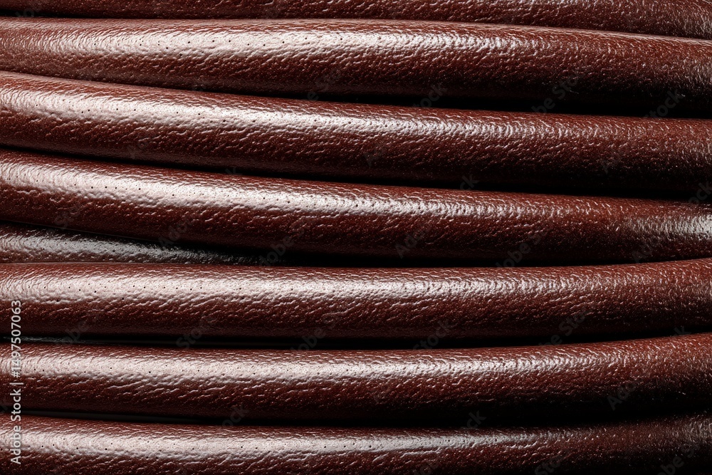 Aufkleber coiled thick brown rubber hose resting on a surface, showcasing texture and design intricacy during 
