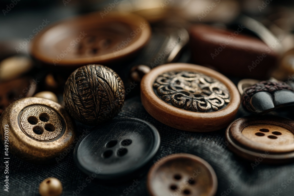 Poster unique collection of vintage buttons showcasing various materials and designs with intricate details