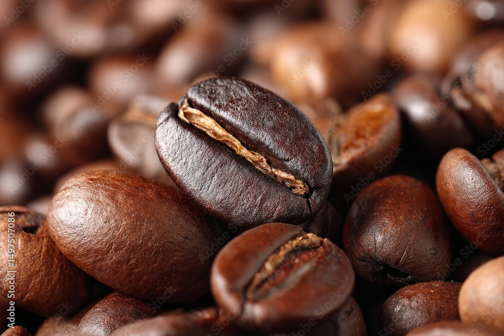 Poster freshly roasted coffee beans are piled together showcasing their rich, dark hues and unique textures