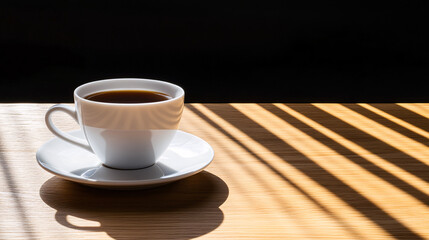 Obraz premium Morning Coffee Sunlight Streaming Through Window onto a Cup of Coffee on Wooden Table