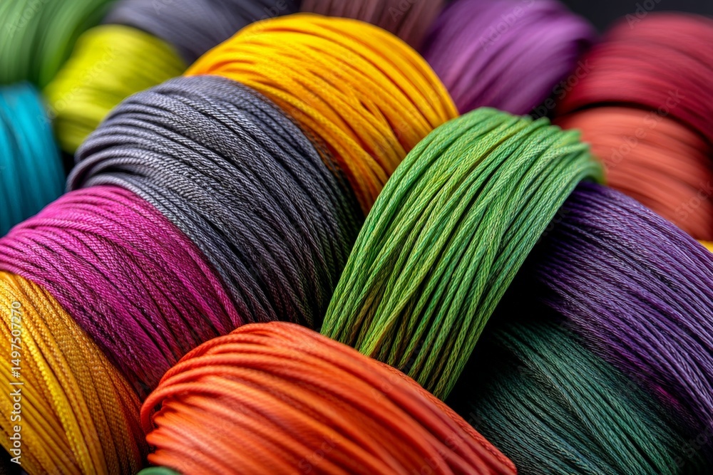 Poster Colorful threads arranged in a vibrant pattern showcasing various hues and textures for creative projects