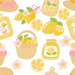 Seamless pattern cute lemon set without background. Vector illustration.