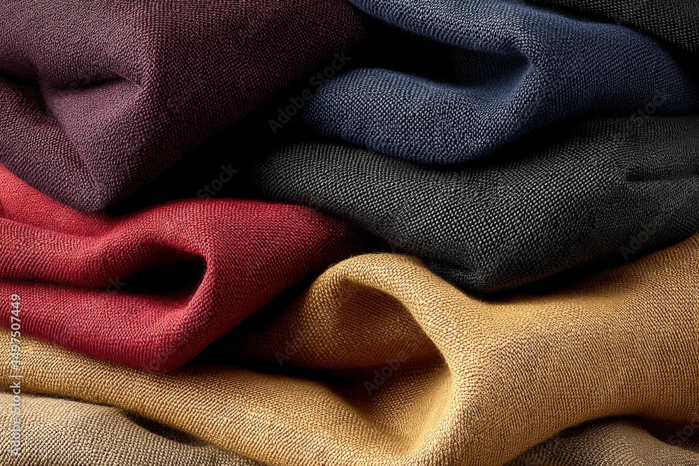 Poster textiles of various colors stacked together create a vibrant display for fashion or fabric enthusias