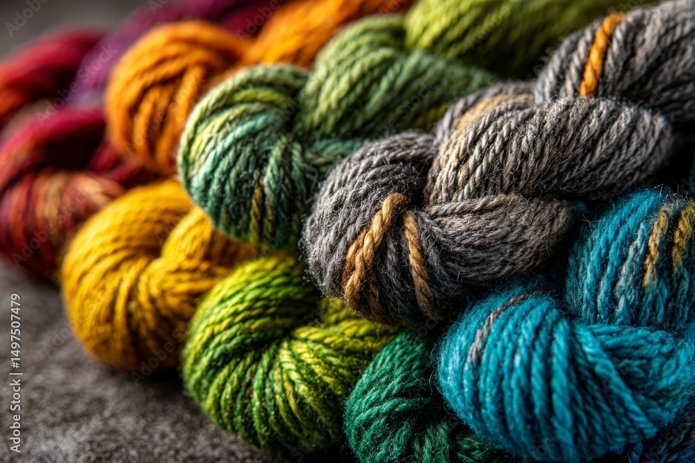 Poster vibrant skeins of hand-dyed yarn in various colors arranged neatly for textile projects