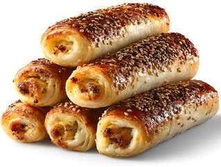 A delectable stack of five golden brown sesame seed pastries filled with creamy cheese filling is presented on a white background.