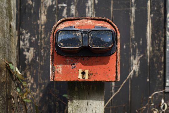 Vintage red mailbox with weathered goggles on wooden post - Powered by Adobe