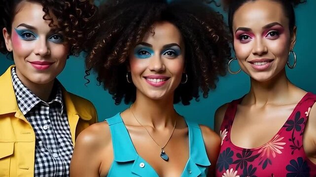 Three happy friends dressed in 80s makeup and clothing on a plain blue background