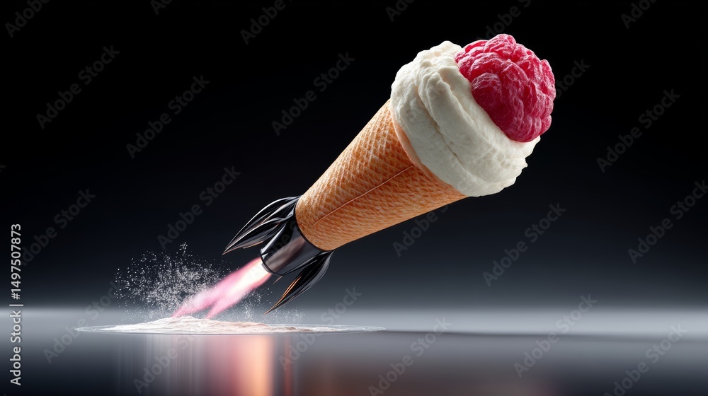 Poster rocket is flying through the air and is surrounded by a cone of ice cream. the rocket is in motion a