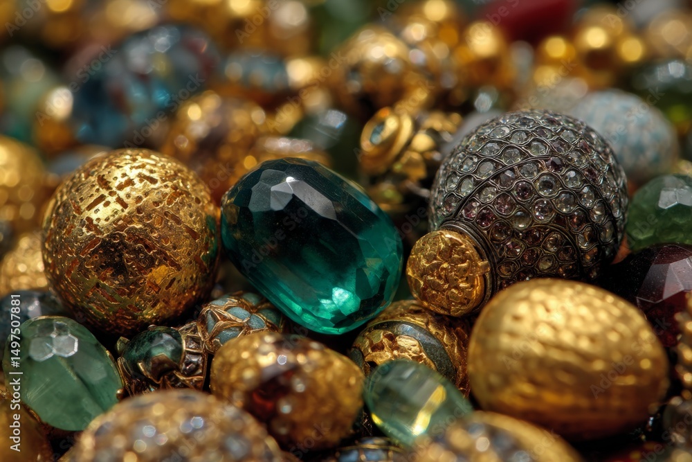 Poster Various decorative beads and gems in a rich assortment of colors and textures illuminated by soft light