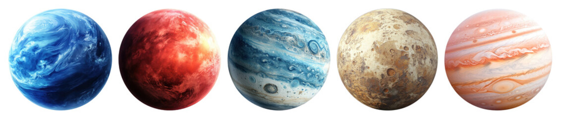 Fototapeta premium PNG Illustration of five colorful, textured planets in a row element set on transparent background.
