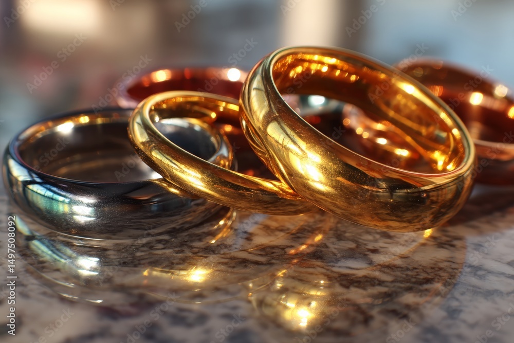 Poster unique collection of polished rings displayed on a marble surface, capturing reflections and colors 