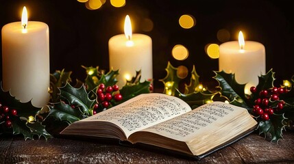 A hymn book surrounded by candles and holly sets a calm Christmas choir scene.
