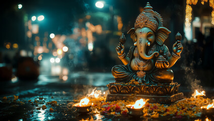 Fototapeta premium Ganesh idol adorned with flowers and lamps in a festive setting during evening celebrations