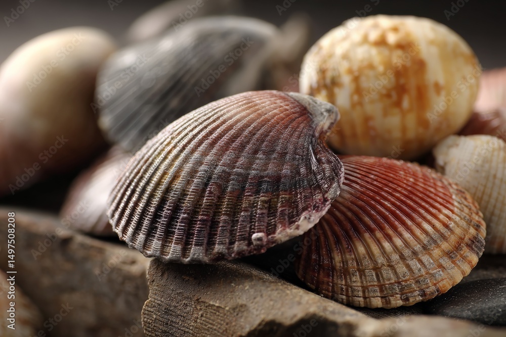 Poster close-up of various colorful seashells arranged on a wooden surface with intricate patterns and text