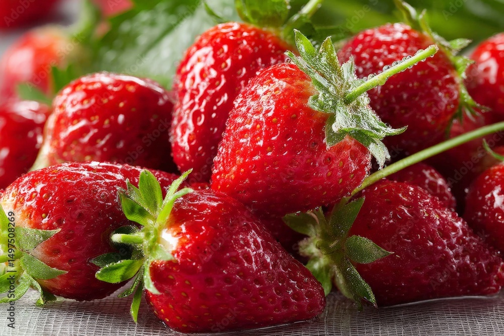 Poster Fresh strawberries arranged on a fabric surface with green leaves in the background ready for enjoyment or culinary use