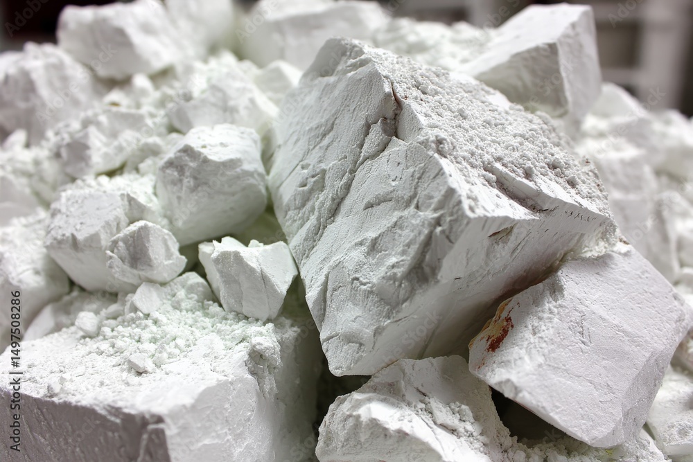 Poster white mineral rocks stacked in an industrial setting showing texture and detail under natural light