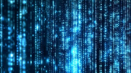 A stunning visual of white binary code streaming against a vibrant blue canvas.