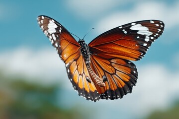 Naklejka premium Monarch butterfly gracefully gliding through a sunny garden in mid-spring, showcasing vibrant orange and black wings