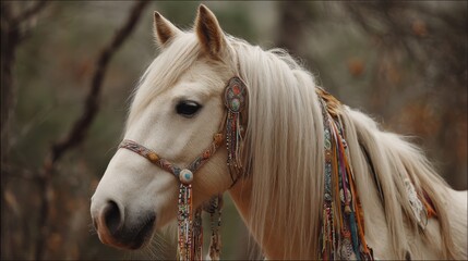  beautiful white horse with boho riding wear with colorful thread and feather in nature background