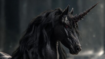 Obraz premium a black unicorn with red eye at evil black forest, fantasy character