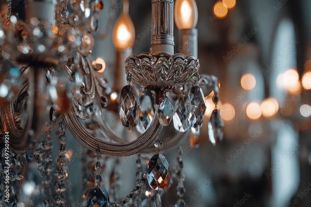 Poster chandelier adorned with crystals illuminated in a luxurious setting during evening hours