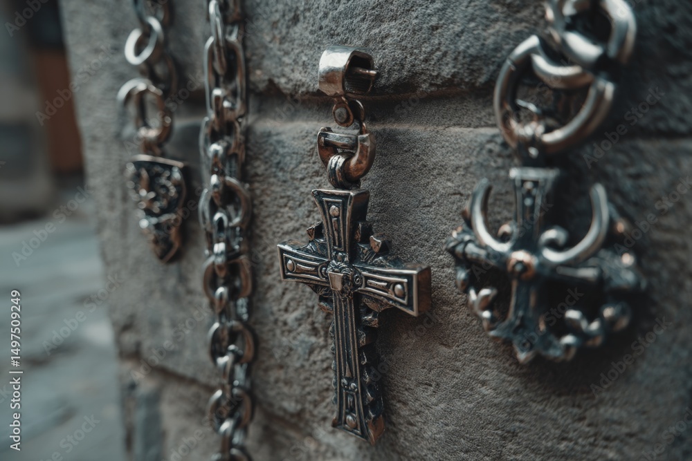 Poster decorative metal crosses and chains displayed on stone wall in a rustic setting showcasing craftsman