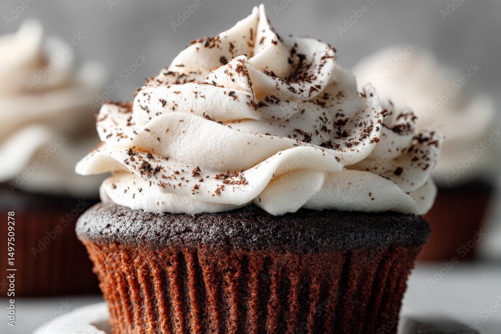 Aufkleber delicious chocolate cupcake with creamy frosting and chocolate shavings on top in a close-up view