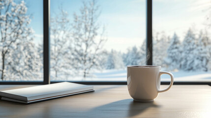 A steaming mug of hot beverage sits beside a blank white paper on a wooden table, framed by the soft glow of a snowy window