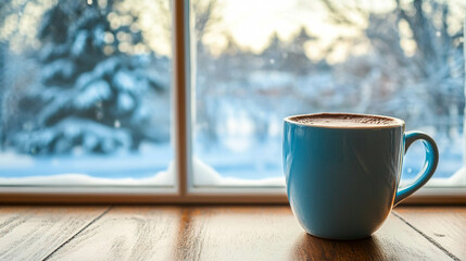Hot chocolate on a blue mug in front of a bright snowy window 