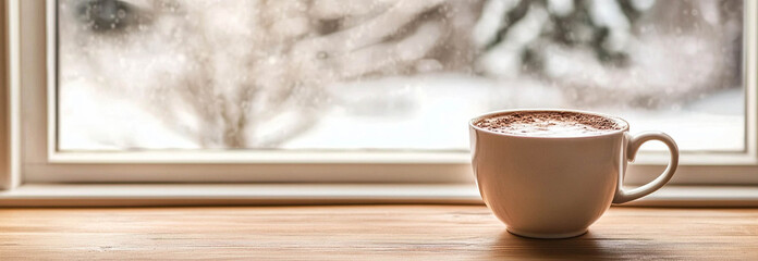 A cup of hot chocolate in front of a bright window with a winter snowy view in landscape format