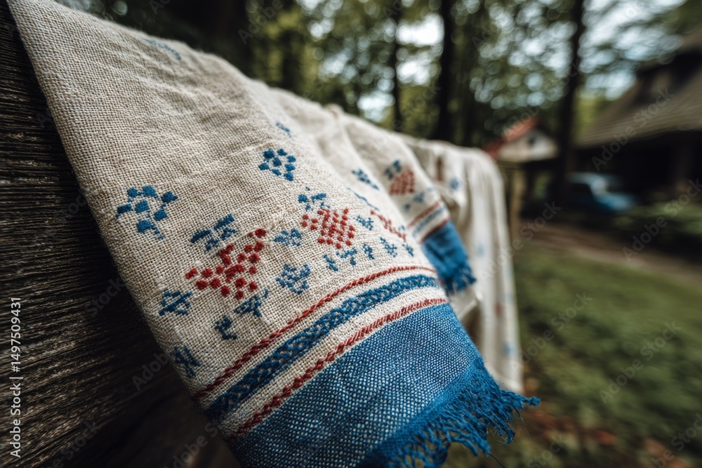 Poster Handwoven textile with intricate patterns displayed outdoors in a serene forest setting during daytime