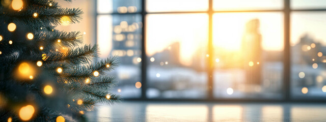 A glowing sunset filters through a bright window, with a corner of a Christmas tree adding a festive touch to the winter scene—captured in landscape format