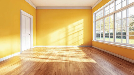 Obraz premium An empty living room with wooden floor and light yellow color wall