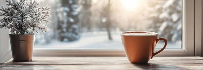 A cup of hot chocolate in front of a bright window with a winter snowy view in landscape format