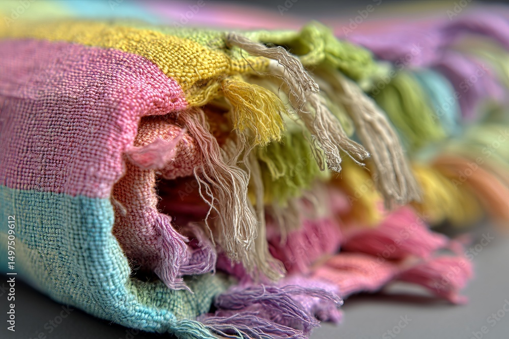 Aufkleber Soft, colorful woven fabric rests on a surface showcasing intricate patterns and textures in a warmly lit setting