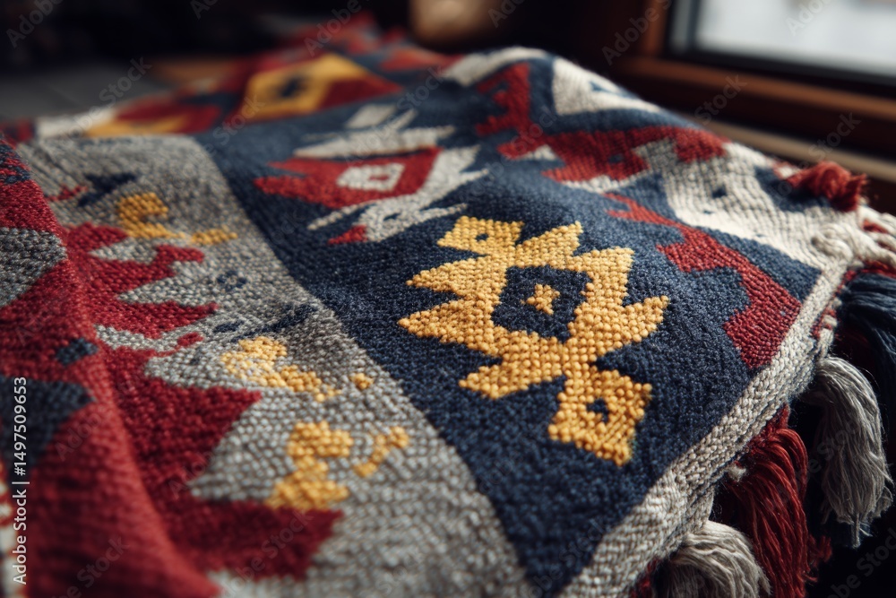 Poster colorful woven tapestry displayed on a table in a cozy cabin setting during the afternoon