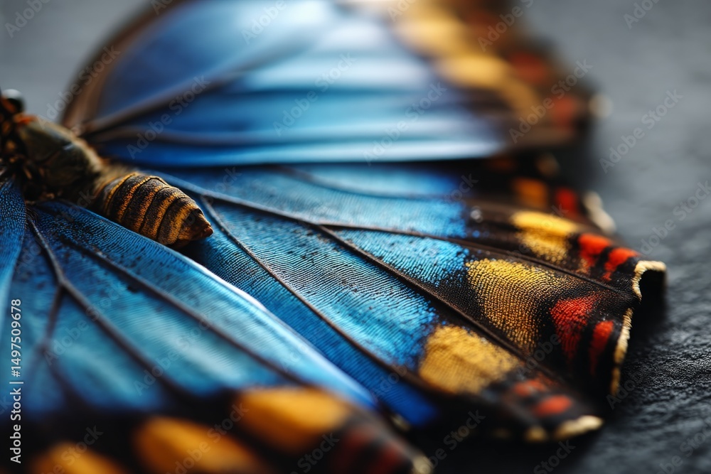 Poster close-up view of a vibrant butterfly wing showcasing intricate patterns and colors under natural lig