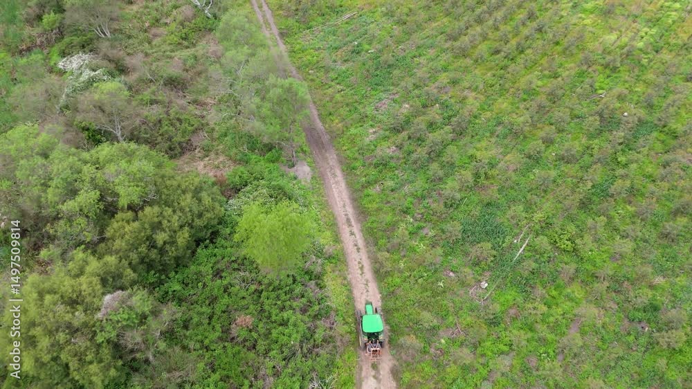 Poster a green vehicle drives along a path surrounded by lush fields and dense forests.