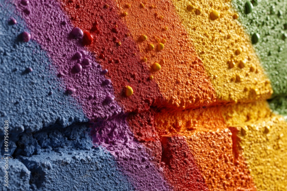 Poster colorful textured wall displaying a vibrant rainbow pattern with intricate paint details in a sunny 