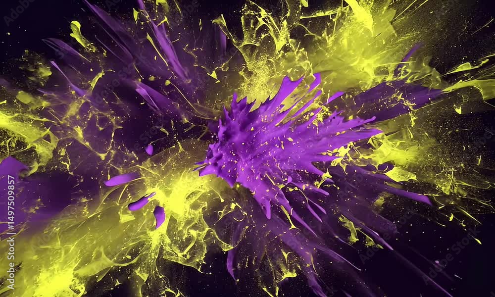 Poster abstract explosion of yellow and purple colors against a dark backdrop with dynamic particle dispers