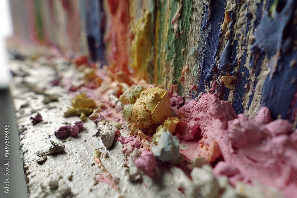 Poster vibrant textures of multicolored paint remnants on a weathered surface in an art studio