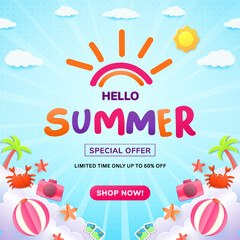 Colorful Summer Discount Illustration with Sunny and Beach Themed Elements
