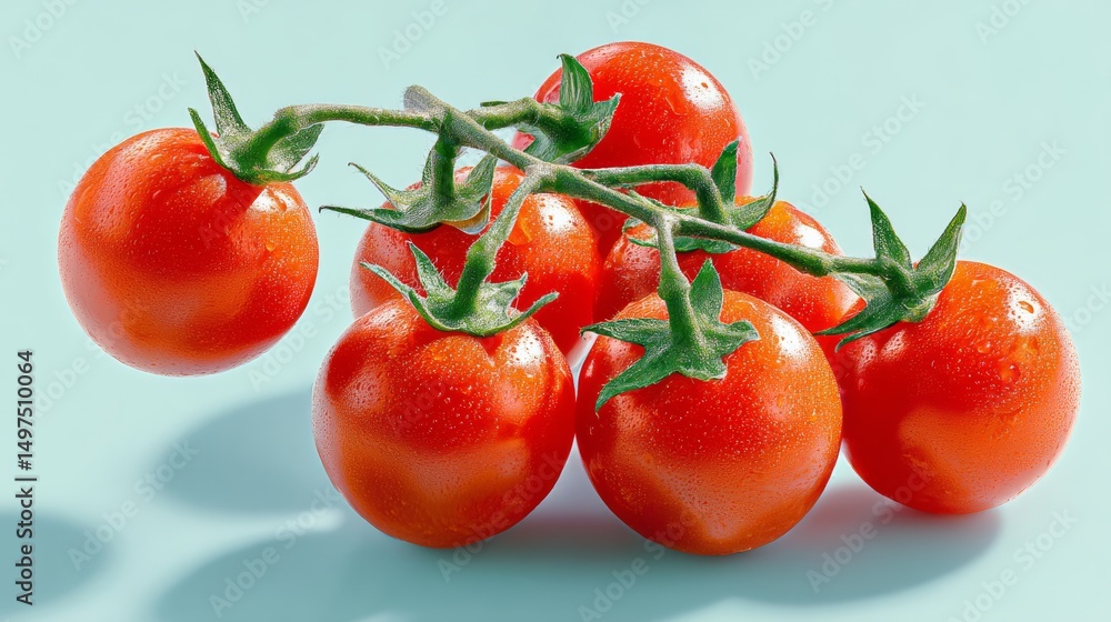 Poster bunch of red tomatoes are shown in a close up. the tomatoes are shiny and wet, and they are arranged